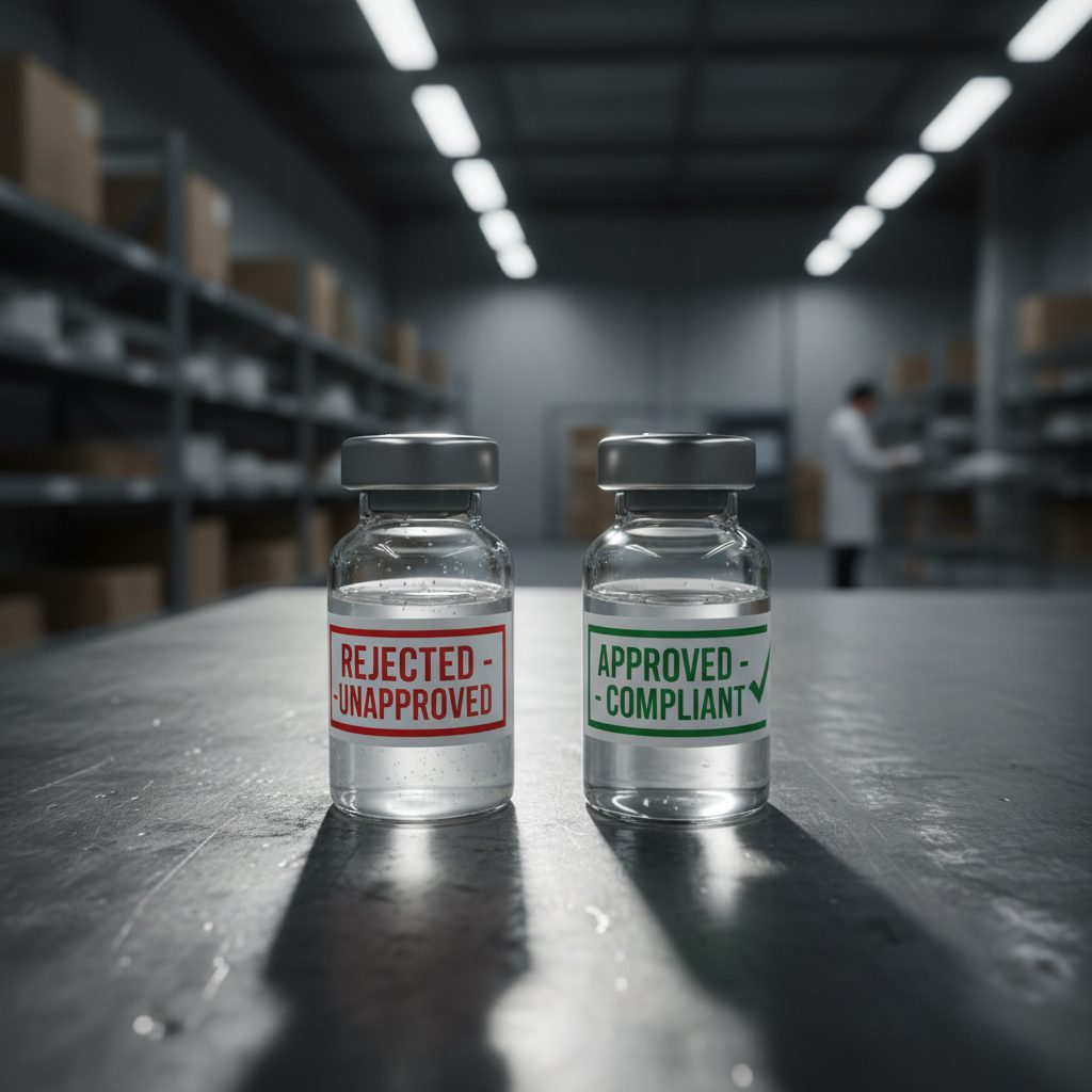 Illustration depicting compliant and non-compliant APIs, with rejected APIs showing impurities and approved APIs showing purity.