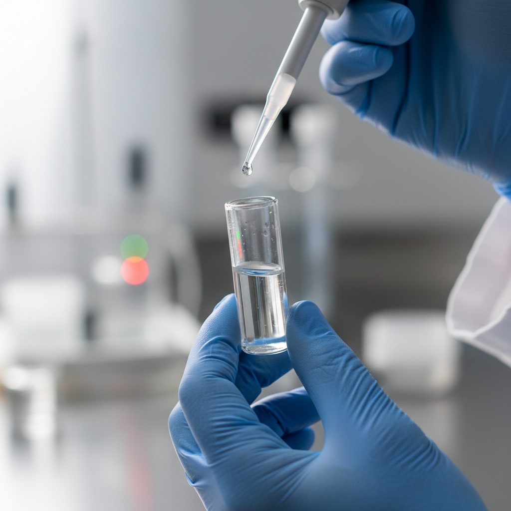 Scientific vial with a label, emphasizing precision and medical research.