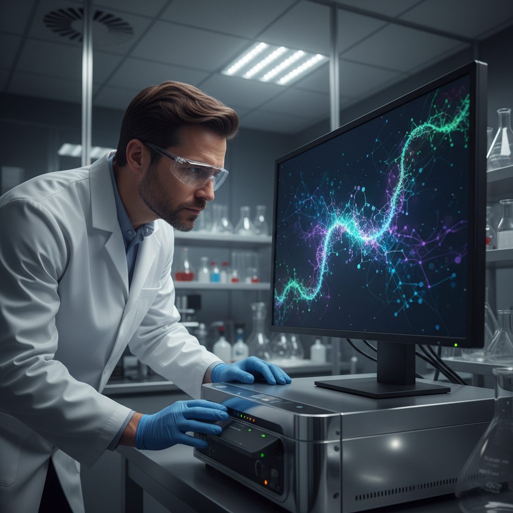 A scientist in a laboratory, illuminated by a computer screen displaying complex biological data or deep learning models, symbolizing the integration of AI and research in predicting immune responses.