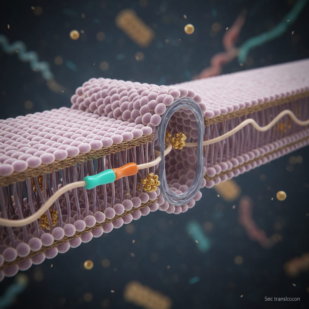 Diagram illustrating the Sec pathway for protein export in bacteria, showing a protein with a signal peptide being guided through the membrane.