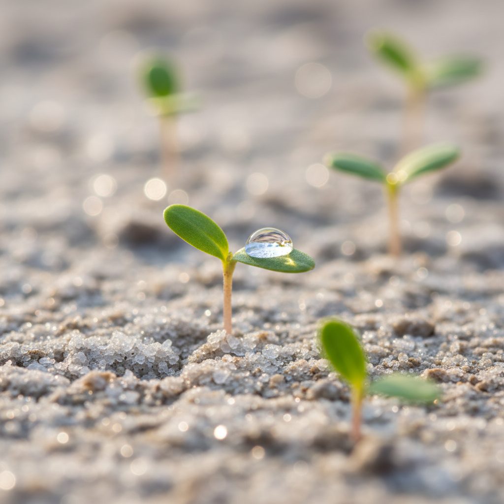Seedlings showing improved germination and growth in saline or drought conditions with peptide application compared to untreated seeds