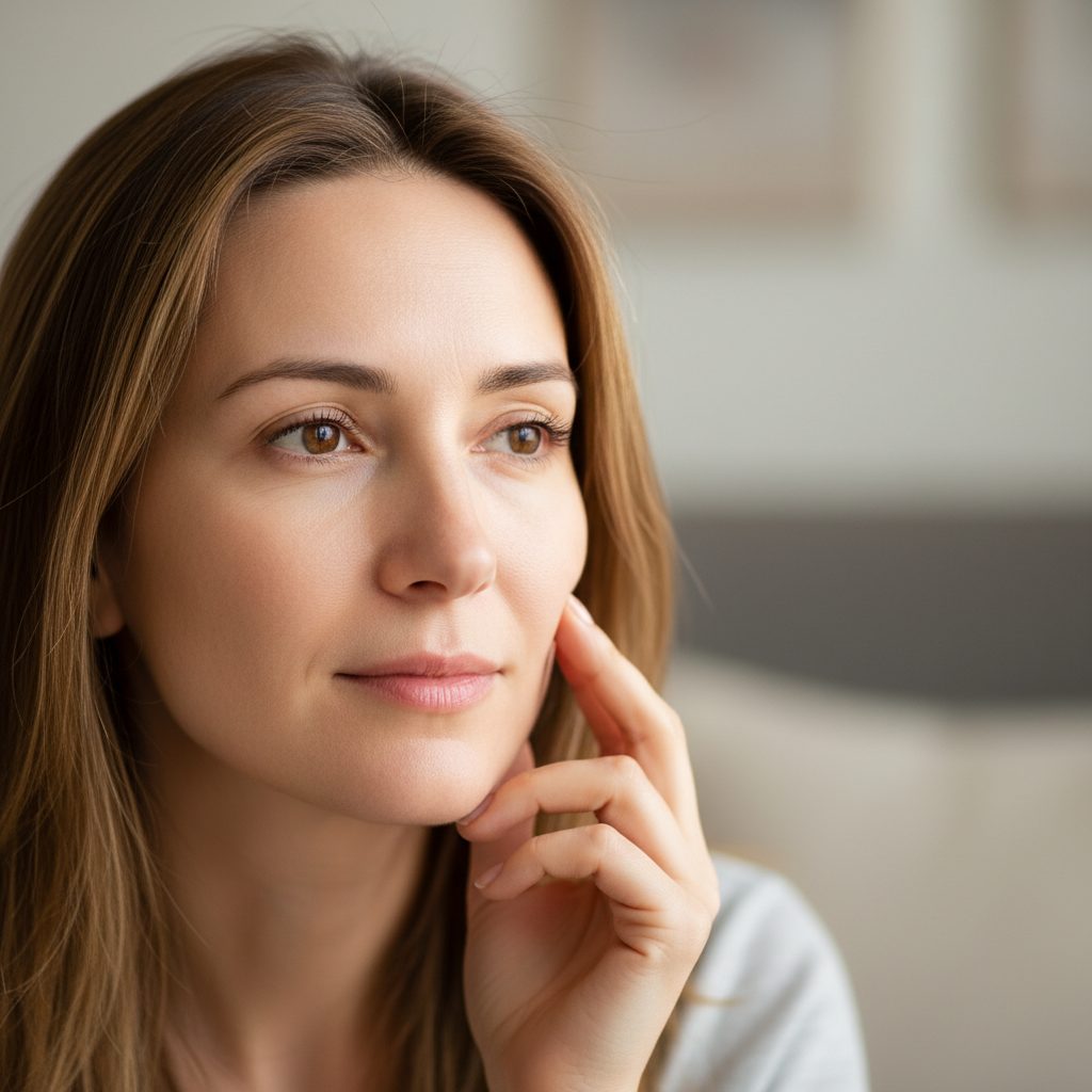 Person reflecting on their skin in a mirror, possibly examining new fine lines or dull patches