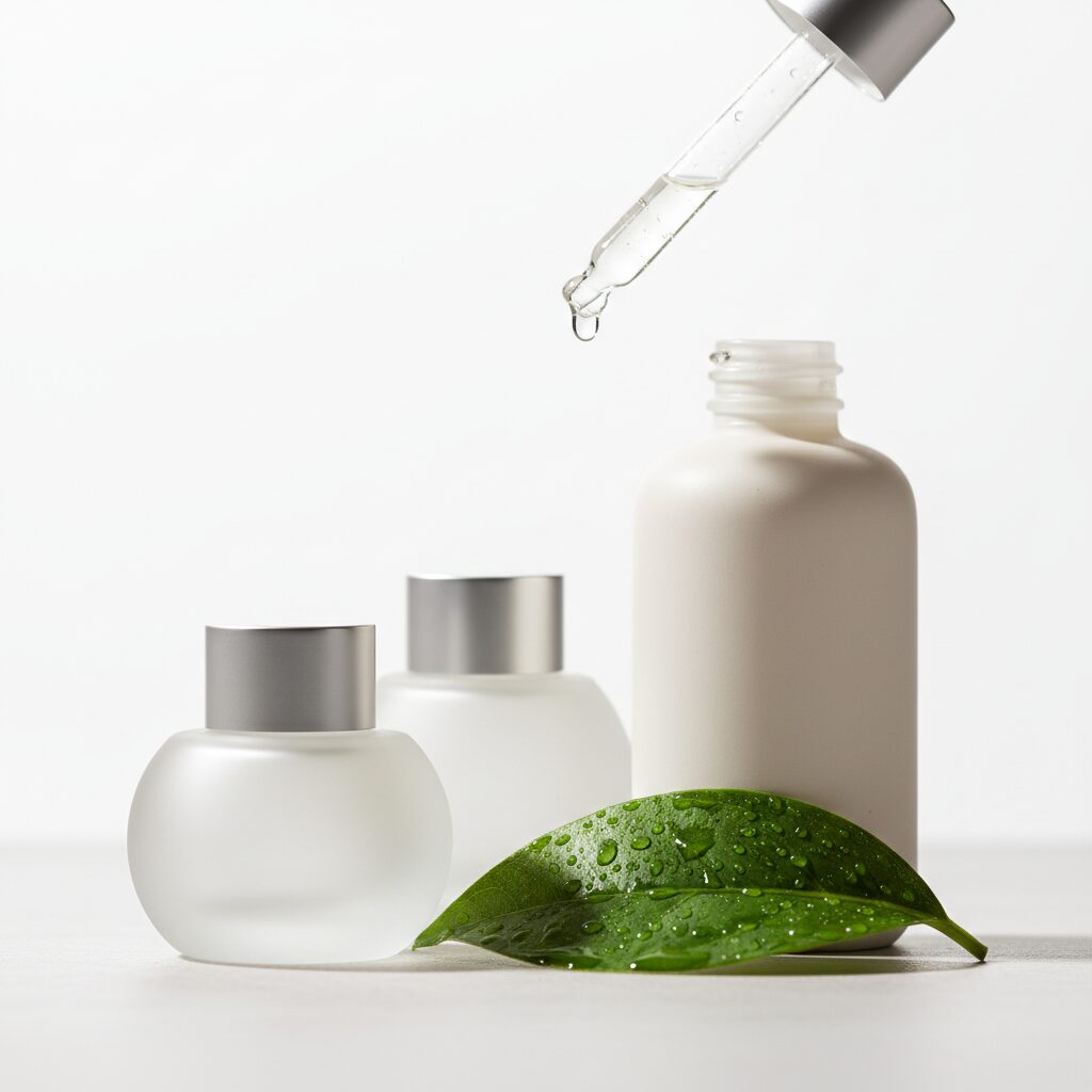 Close-up of a hand applying a peptide serum to skin, illustrating a skincare routine.