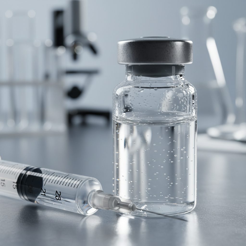 A vial of SurVaxM vaccine, emphasizing the innovative peptide-based immunotherapy for glioblastoma