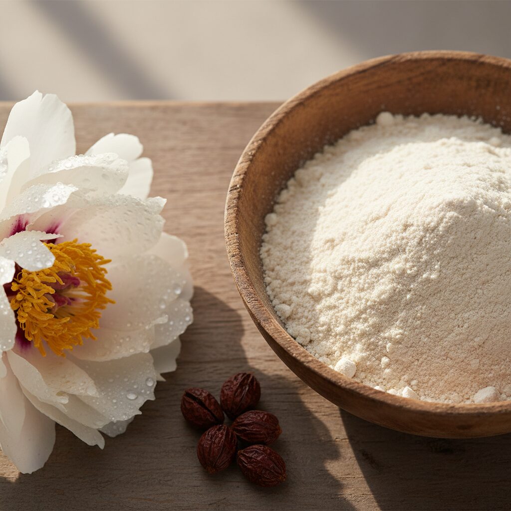 Peony flowers and seeds illustrating Paeonia ostii byproduct utilization.