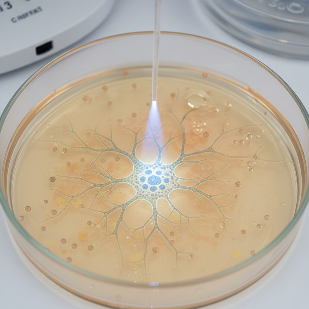 An abstract illustration showing a precise, targeted beam of light hitting a specific cellular receptor, symbolizing the targeted action of peptide therapeutics.