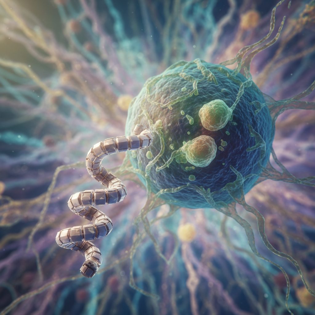 Diagram showing a peptide molecule interacting with a cell, representing targeted therapy where peptides deliver therapeutic action to specific biological sites.