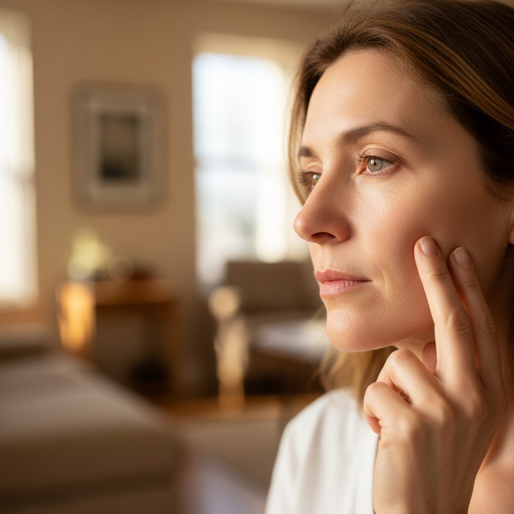 A person thoughtfully applying a skincare product, symbolizing the desire for effective routines.