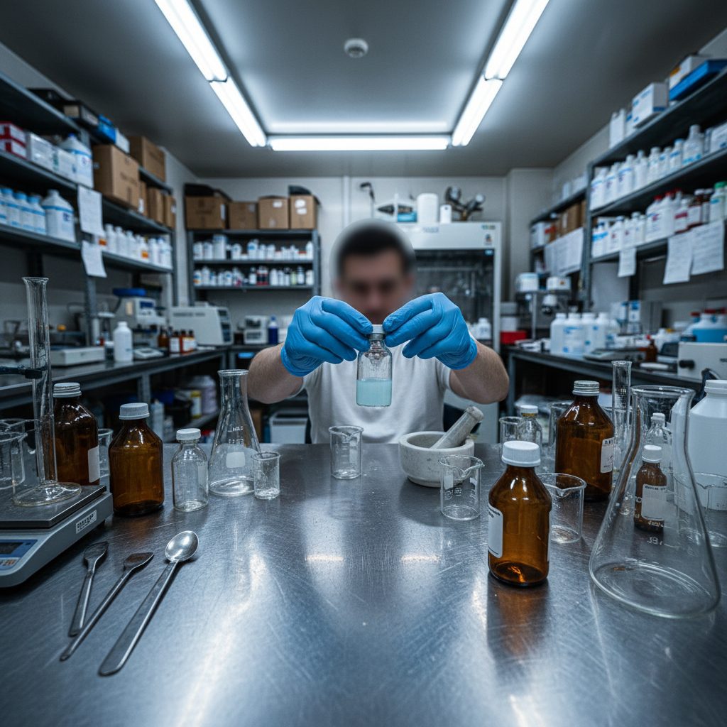 Image showing a cluttered and potentially unsanitary compounding lab environment, suggesting a lack of regulation.