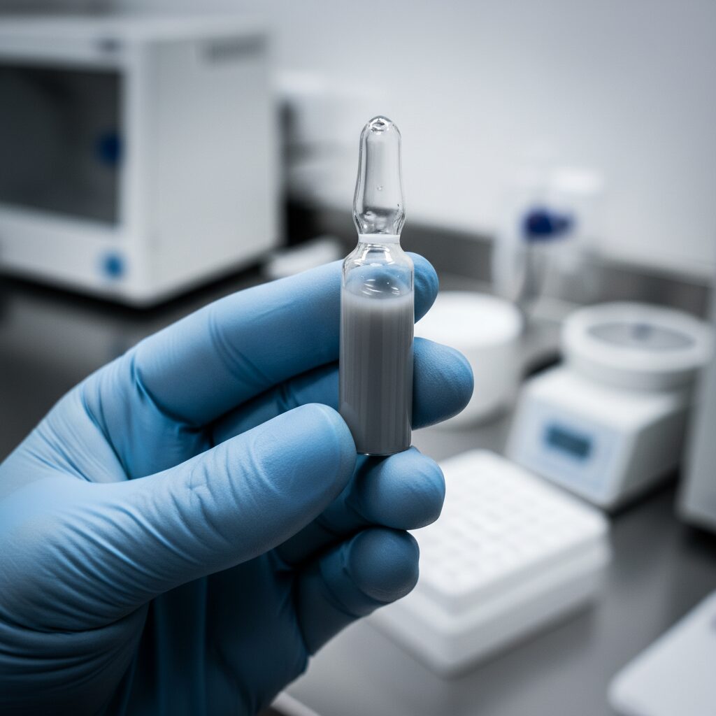 Close-up of an unlabeled or generic research vial, symbolizing the dangers of unregulated sources.