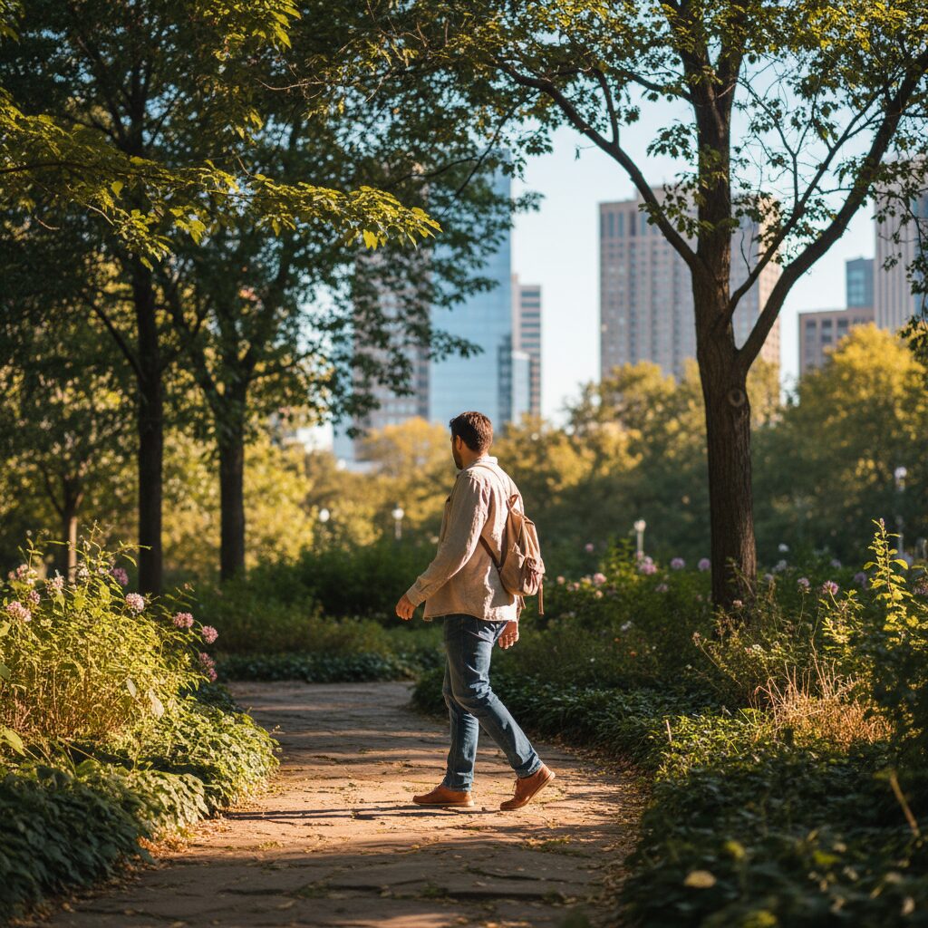People enjoying a stroll in an urban park, symbolizing improved health and quality of life. ALV-100